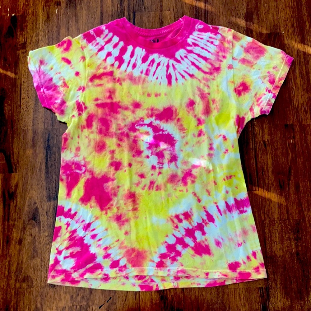 Fruit of the Loom Hand Dyed Pink Yellow Tie Dye Unisex T-Shirt Top Unisex Small